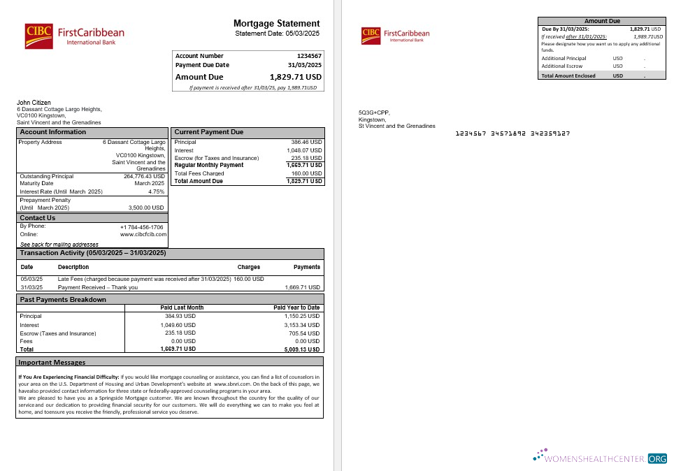 Saint Vincent and The Grenadines First Caribbean International bank mortgage statement in Word and PDF for